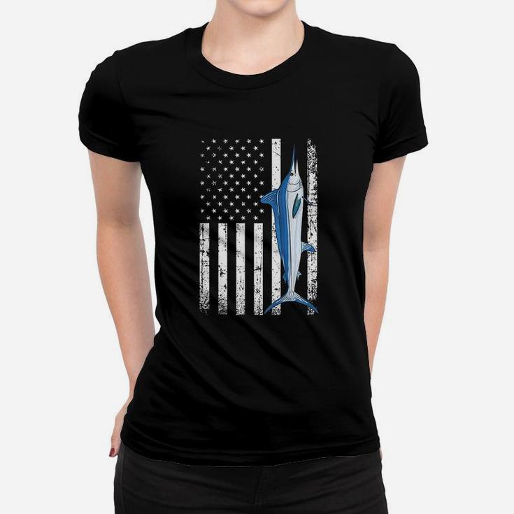 Vintage Grunge American Usa Flag Patriotic Fish White Marlin Women T-shirt
