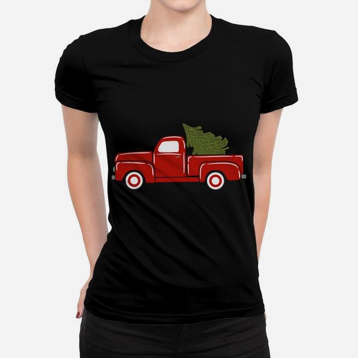 Vintage Wagon Christmas Tree Red Retro Farmer Truck Vacation Women T-shirt
