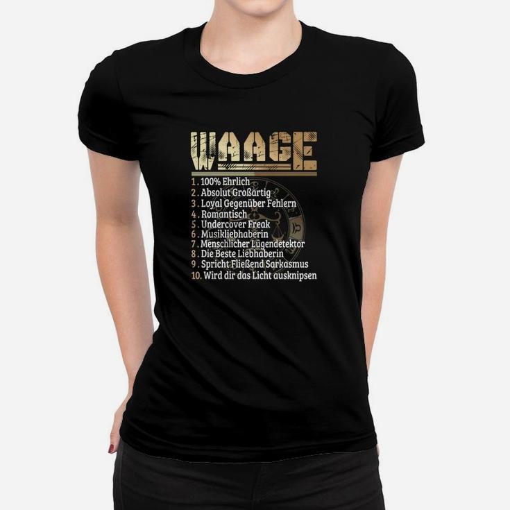 Waage Sternzeichen Schwarzes Frauen Tshirt mit Goldenen Eigenschaften