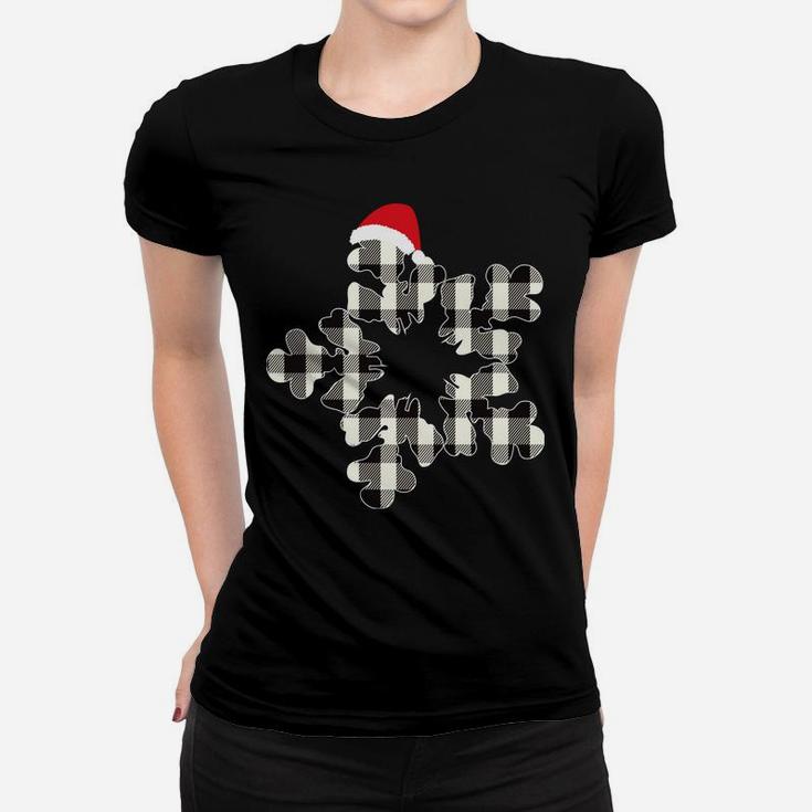 White & Black Christmas Buffalo Plaid Snowflakes Santa Hat Women T-shirt