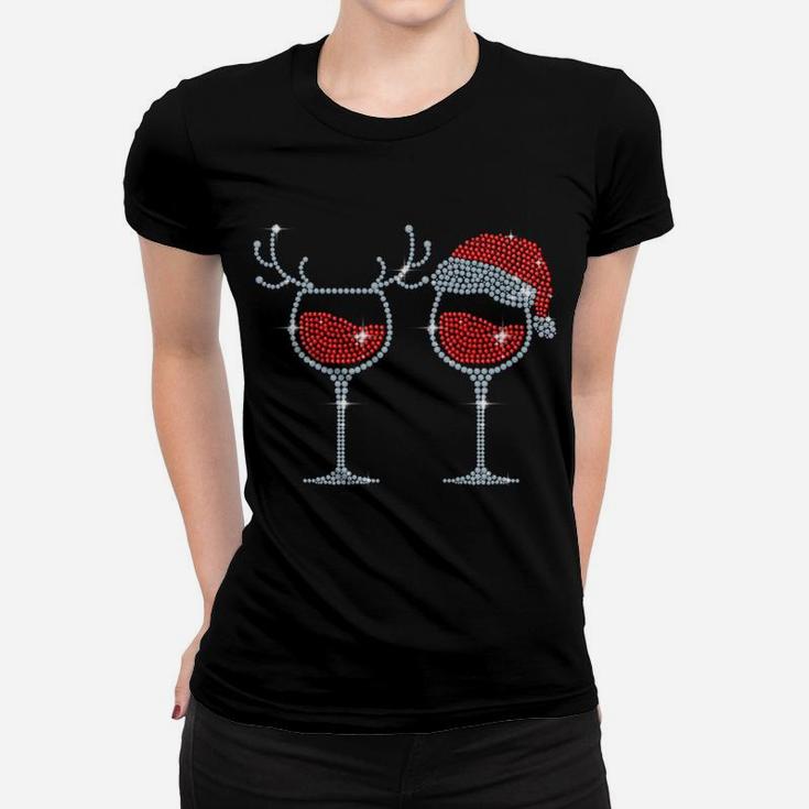Wine Glass Santa Hat Reindeer Funny Drinking Team Christmas Women T-shirt