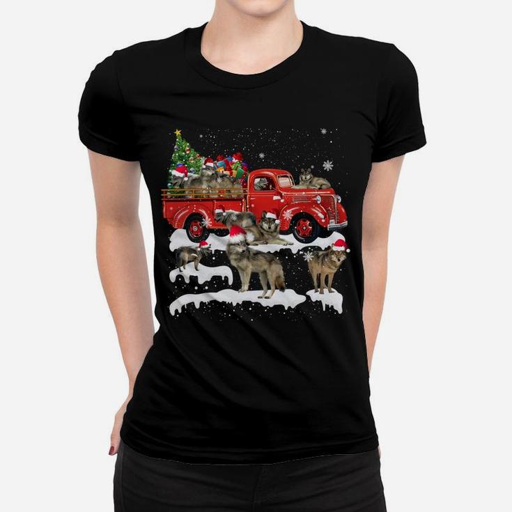 Wolf Riding Red Truck Merry Christmas X-Mas Ugly Gift Women T-shirt