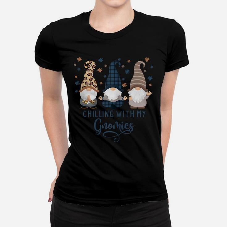 Womens Chilling With My Gnomies Blue Brown Autumn Gnomes Gardening Women T-shirt