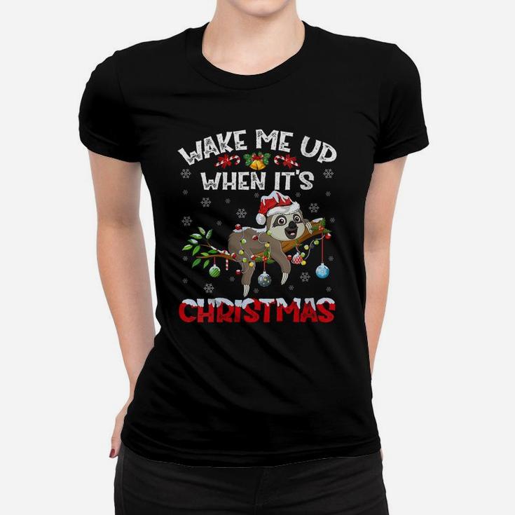 Womens Funny Santa Hat Wake Me Up When It's Christma Sloth Women T-shirt