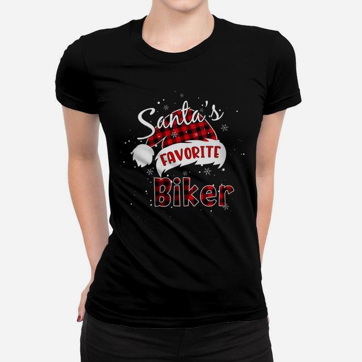 Womens Funny Santa's Favorite Biker Christmas Plaid Buffalo Xmas Women T-shirt