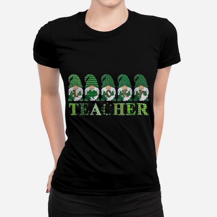 Womens Lucky Teacher Gnomes St Patricks Day Leopard Print Shamrocks Women T-shirt