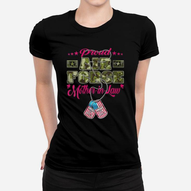 Womens Proud Air Force Mother-In-Law Us Flag Dog Tags Military Mom Women T-shirt