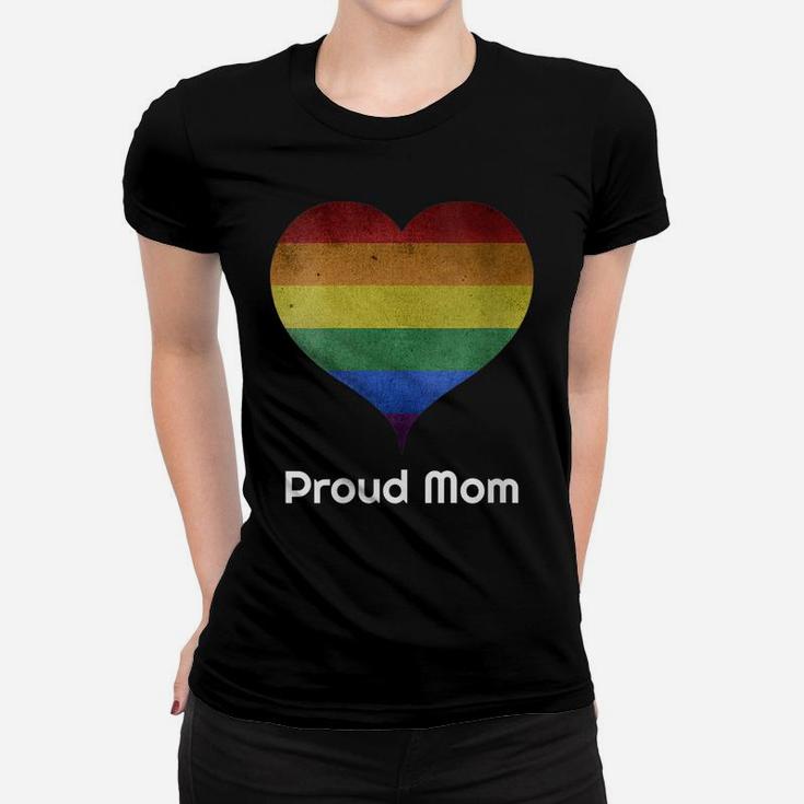 Womens Proud Mom Ally Vintage Rainbow Heart Gay Pride Month Lgbtq Women T-shirt