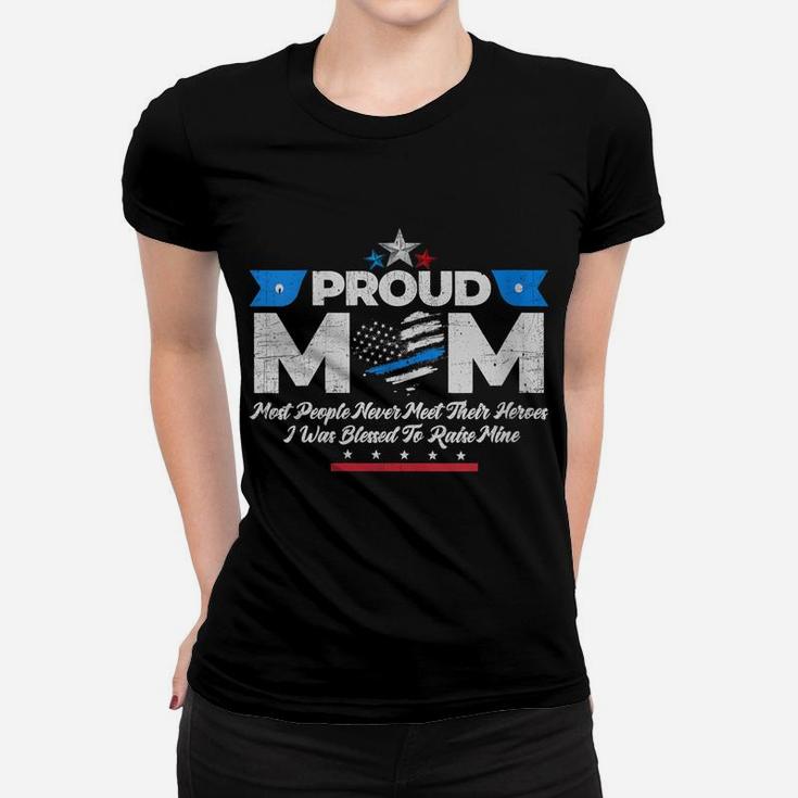 Womens Proud Mom Thin Blue Line Flag Law Enforcement Vintage Women T-shirt