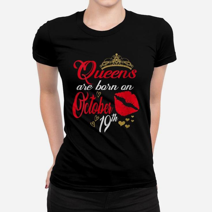Womens Red Lips Queens Are Born On October 19Th Libra Birthday Girl Women T-shirt