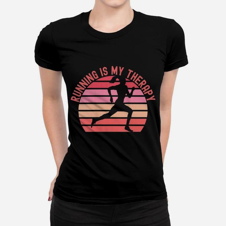 Womens Running Is My Therapy Girl Runner Retro Sunset Funny Women T-shirt