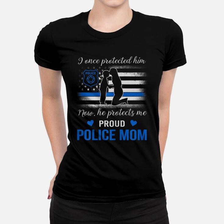 Womens Thin Blue Line American Flag Proud Police Mom Women T-shirt