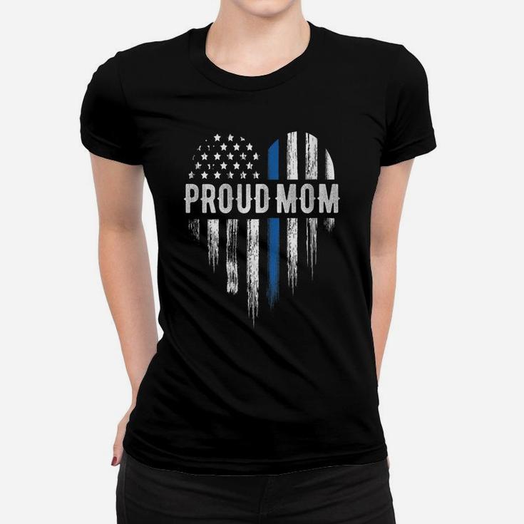 Womens Thin Blue Line Heart Proud Mom Police Women T-shirt