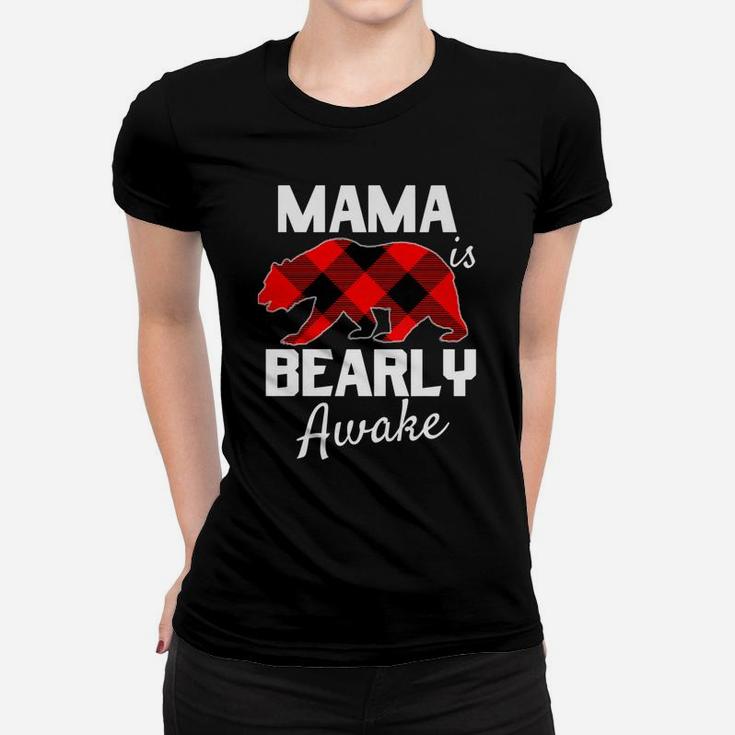 Womens Women Mama Bear Christmas Plaid Red Black Mom Pajamas Pjs Women T-shirt