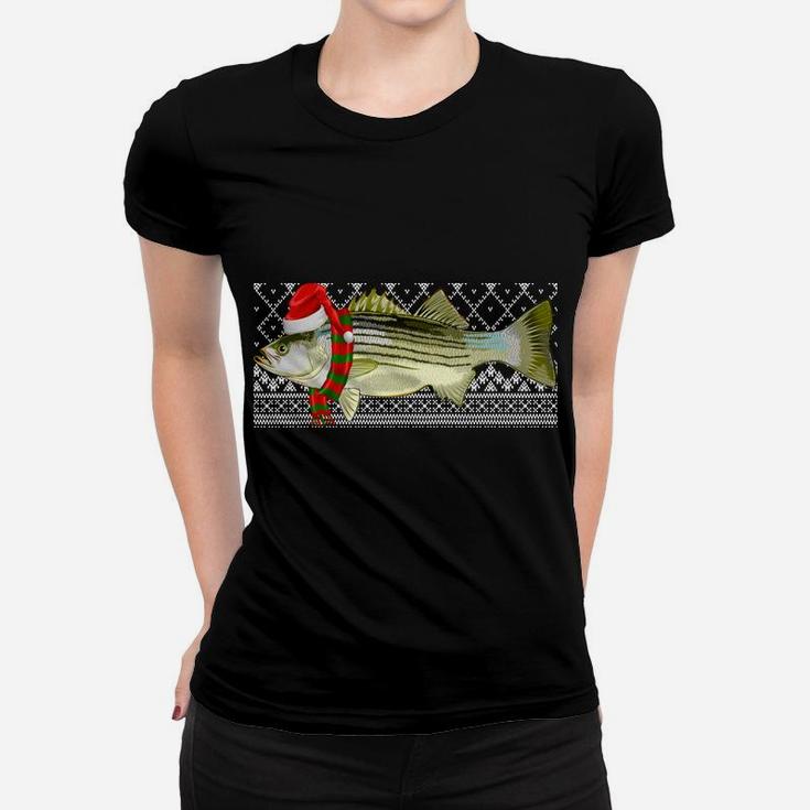Xmas Fish Santa Hat Striped Bass Ugly Christmas Sweatshirt Women T-shirt