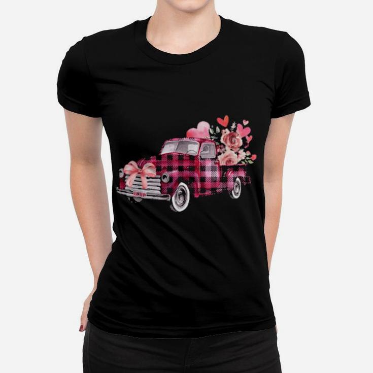Xoxo Pink Plaid Truck Flowers Valentine's Day Women T-shirt