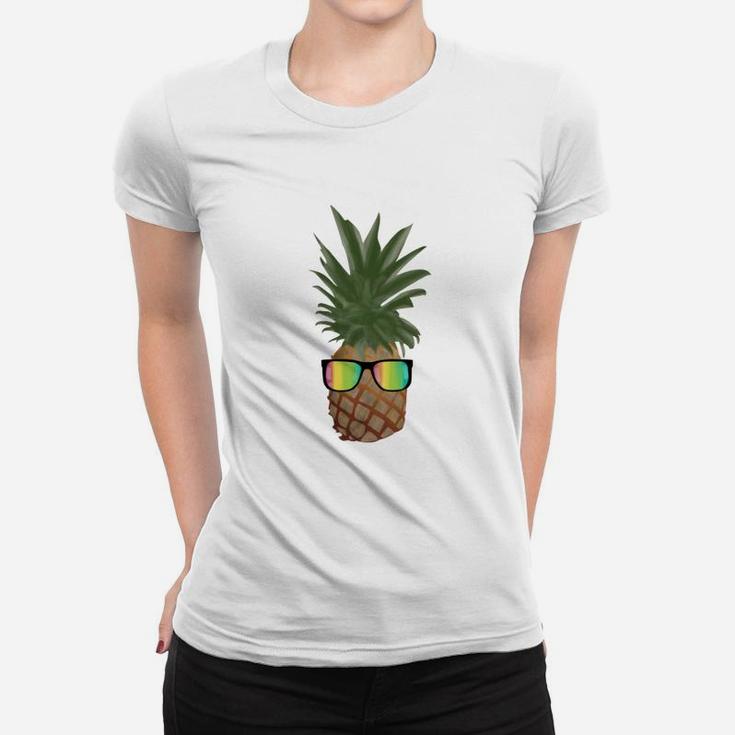 Ananas mit Sonnenbrille Frauen Tshirt, Lustiges Motiv Unisex Weiß