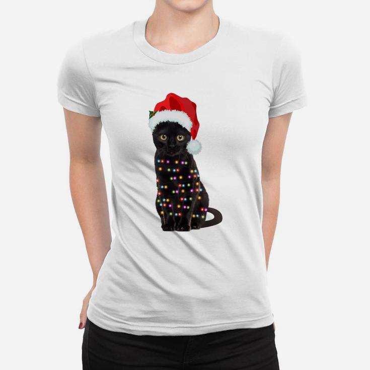 Black Cat Christmas Lights Cat Lover Christmas Sweatshirt Women T-shirt