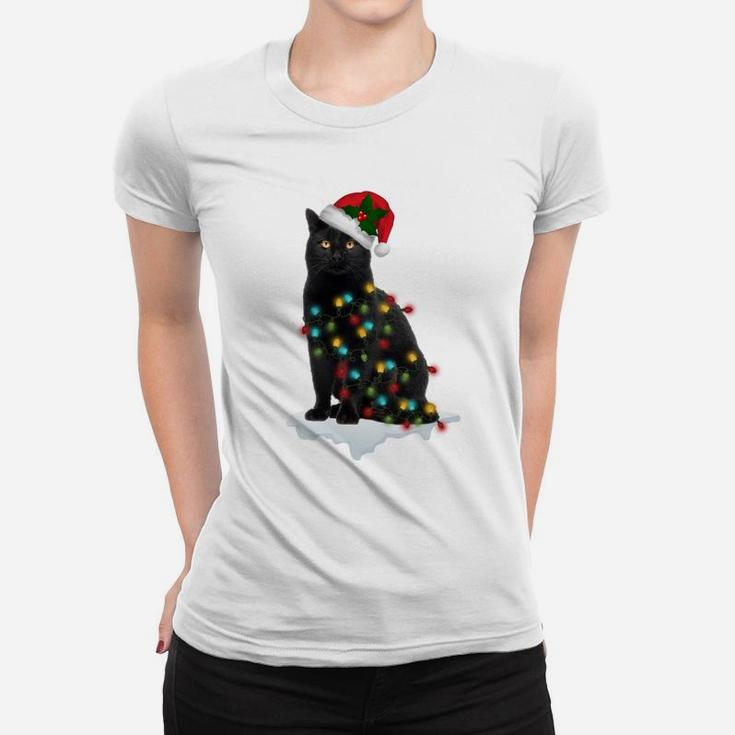 Black Cat Christmas Tree Deco Lights Funny Xmas Cat Gift Sweatshirt Women T-shirt