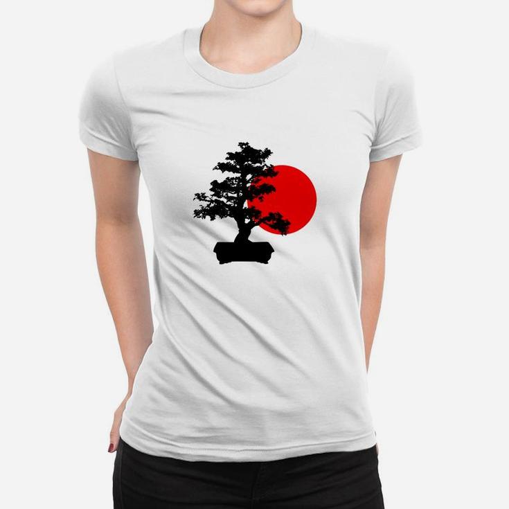 Bonsai-Baum und Sonnenaufgang Design Unisex Frauen Tshirt, Japanische Kunst Tee