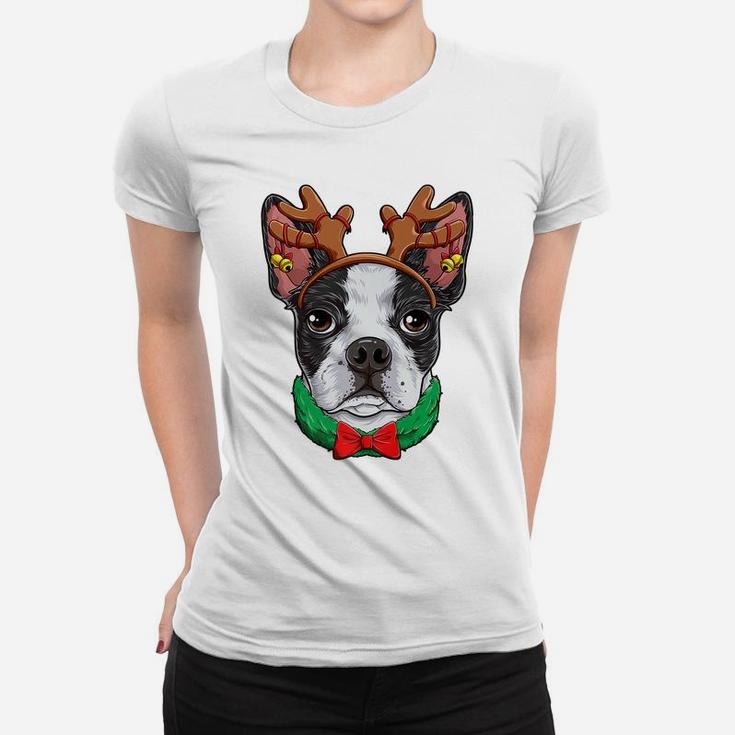 Boston Terrier Christmas Reindeer Antlers Xmas Girls Dog Women T-shirt
