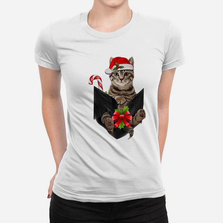 Brown Cat Santa Hat In Pocket - Christmas Cat Lovers Pajama Women T-shirt