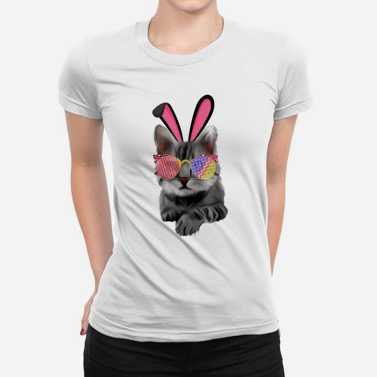 Bunny Cat With Glasses Eggs For Easter Day Cat Kitty Lovers Women T-shirt
