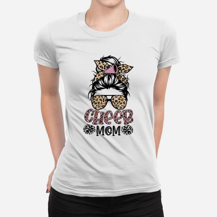 Cheer Mom Leopard Messy Bun Cheerleader Funny Mothers Day Women T-shirt
