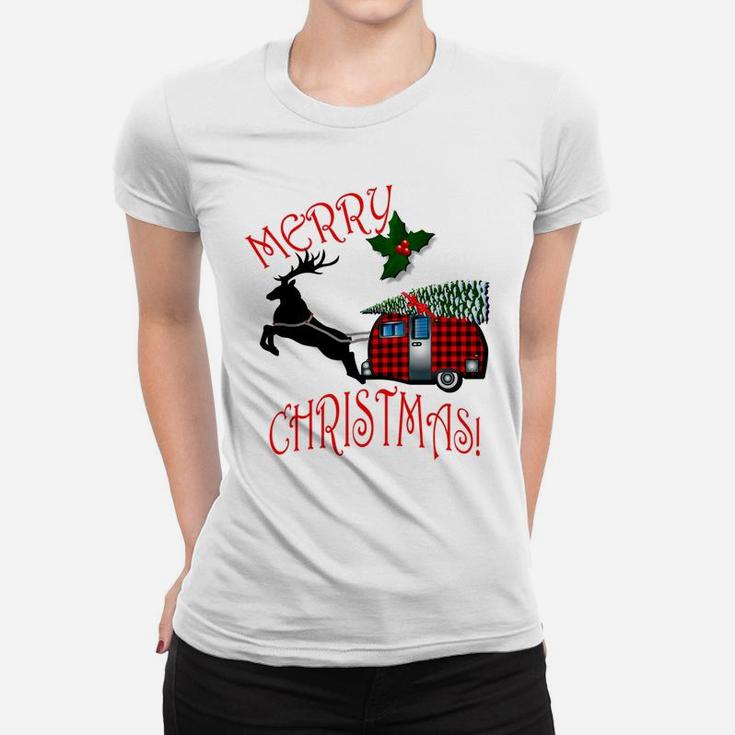Christmas Gift Plaid Camper & Reindeer Funny Retro Xmas Ugly Sweatshirt Women T-shirt