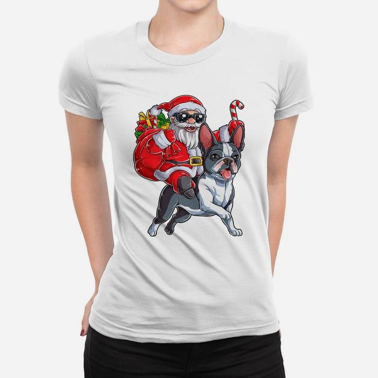 Christmas Santa Claus Riding Boston Terrier Xmas Boys Dog Women T-shirt