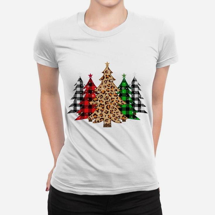 Christmas Trees With Buffalo Plaid & Leopard Print Xmas Women T-shirt