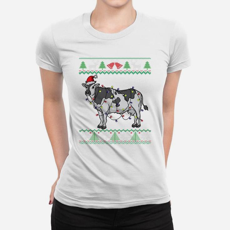Cow Santa Claus & Lights Funny Dairy Farmer Ugly Christmas Sweatshirt Women T-shirt