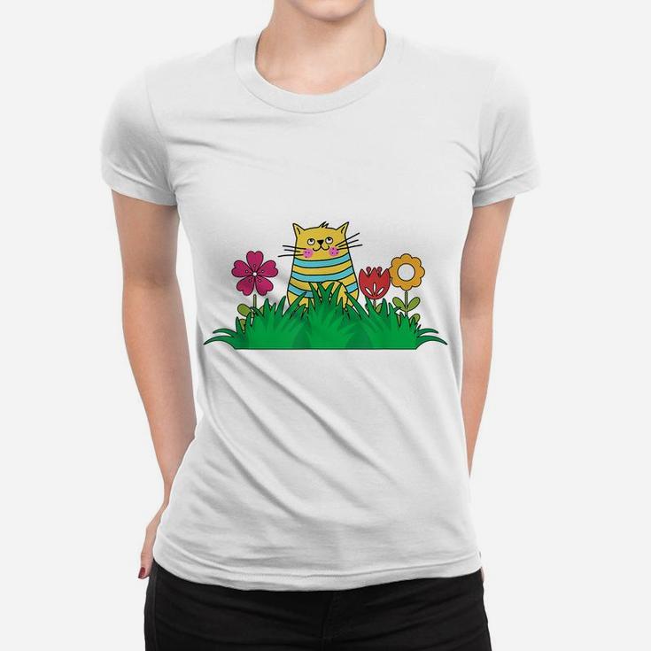Cute Cat With Flowers Tee, Spring Flower Women T-shirt