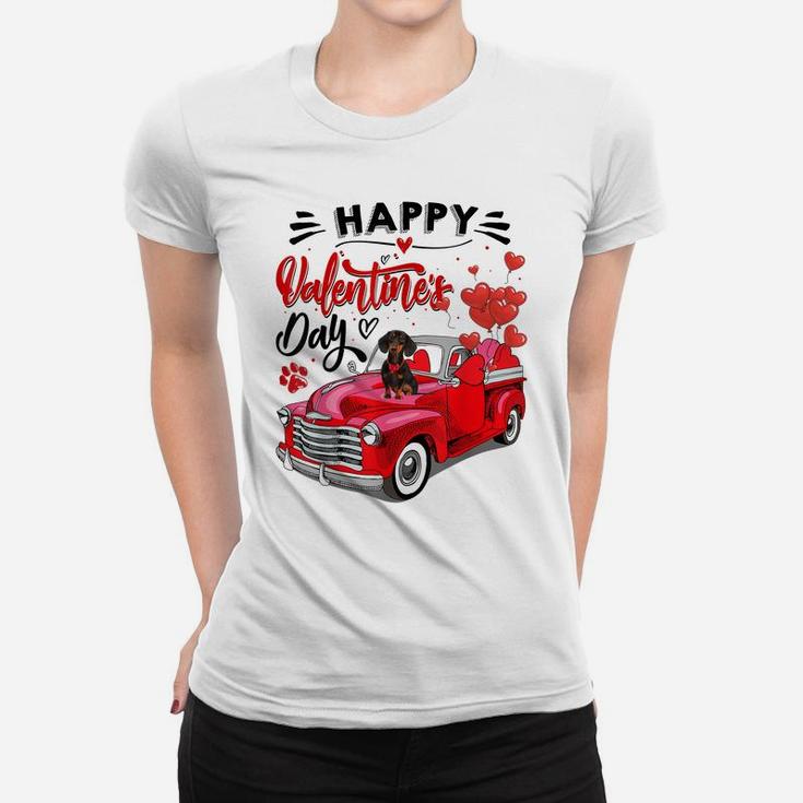 Cute Dachshund Dog Red Truck Happy Valentine's Day Valentine Women T-shirt