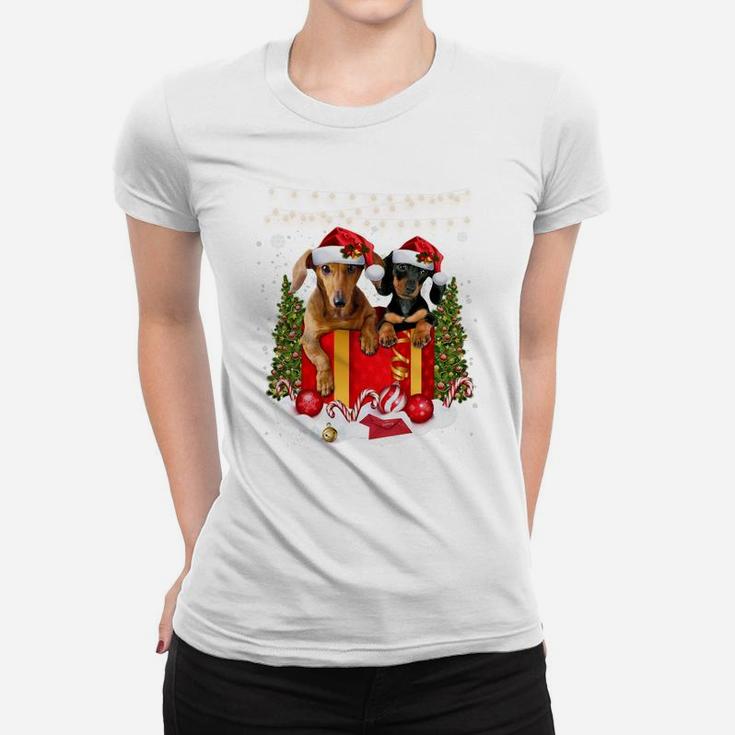 Cute Dachshund In Gift Box Lights Christmas Xmas Doxie Dog Sweatshirt Women T-shirt