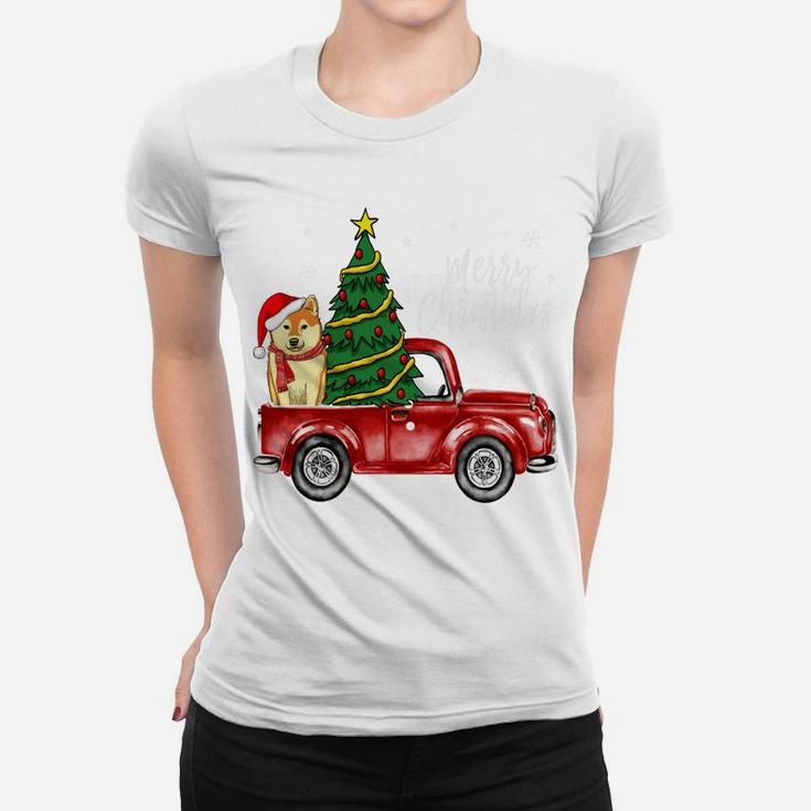 Cute Shiba Inu Dog Truck Merry Christmas Dog Lover Xmas Women T-shirt
