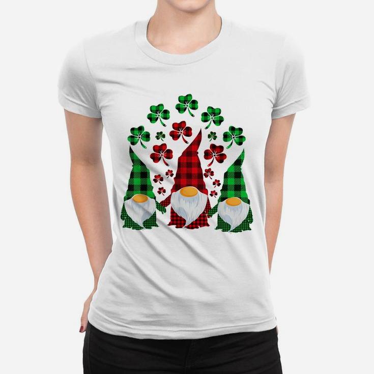 Cute Three Gnomes Shamrocks Buffalo Plaid Saint Patrick Day Women T-shirt