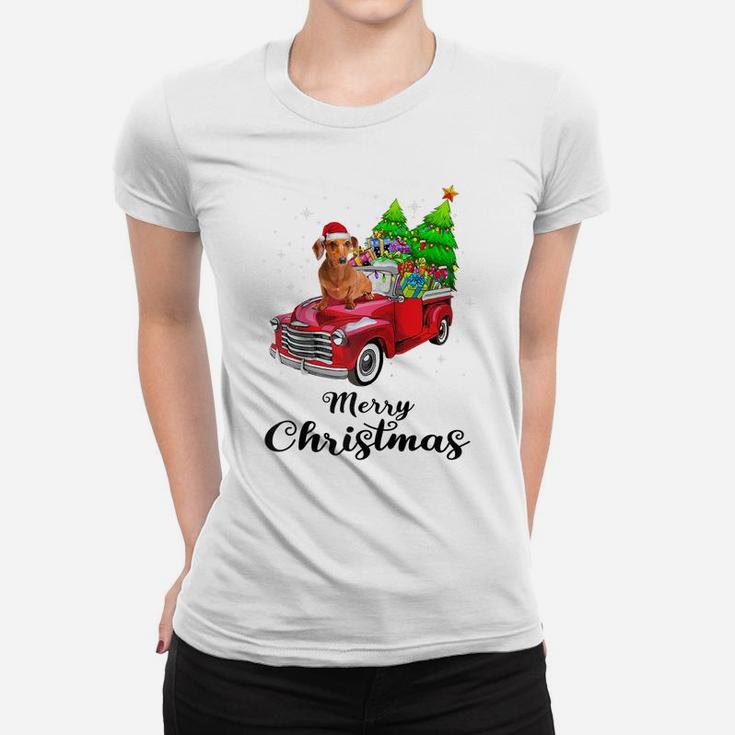 Dachshund Ride Red Truck Christmas Pajama Raglan Baseball Tee Women T-shirt