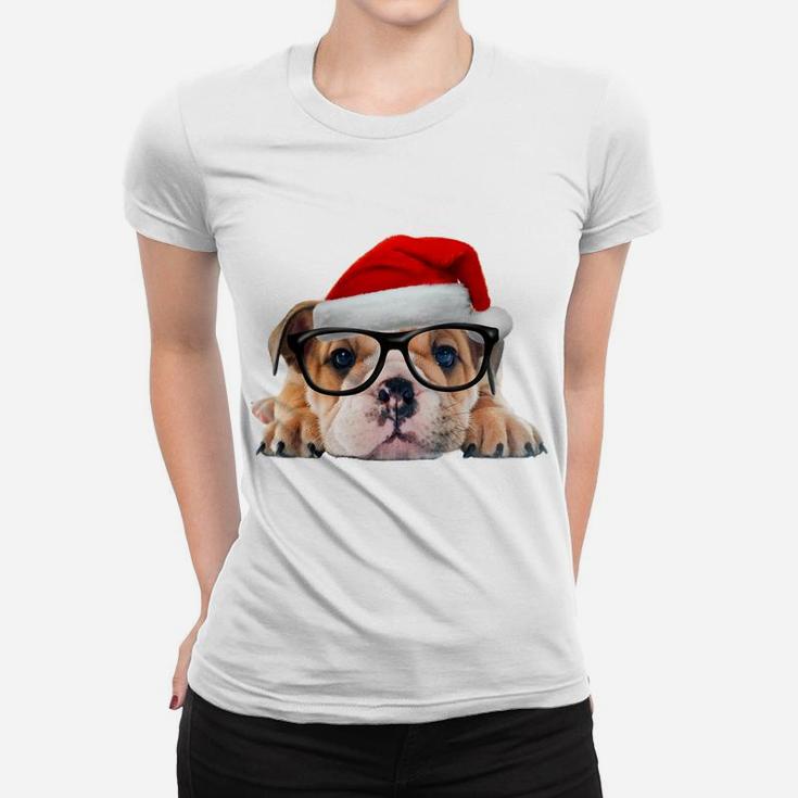 English Bulldog Puppy Glasses Dog Santa Hat Christmas Gift Sweatshirt Women T-shirt