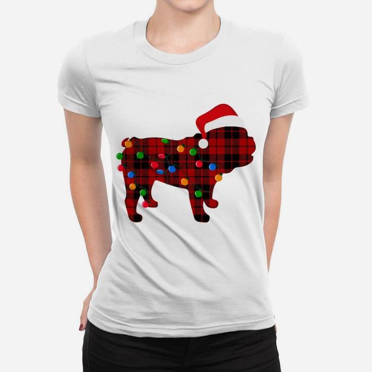 English Bulldog Red Plaid Pajama Dog Christmas Light Sweatshirt Women T-shirt