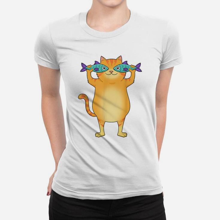 Fat Cat Catching Fish Fishy Eyes Pet Kitty Lovers Cute Women T-shirt