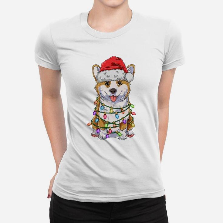 Funny Corgi Christmas Tree Lights Gift Santa Hat Dog Lover Sweatshirt Women T-shirt