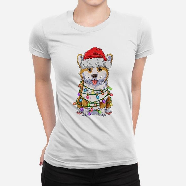 Funny Corgi Christmas Tree Lights Gift Santa Hat Dog Lover Women T-shirt