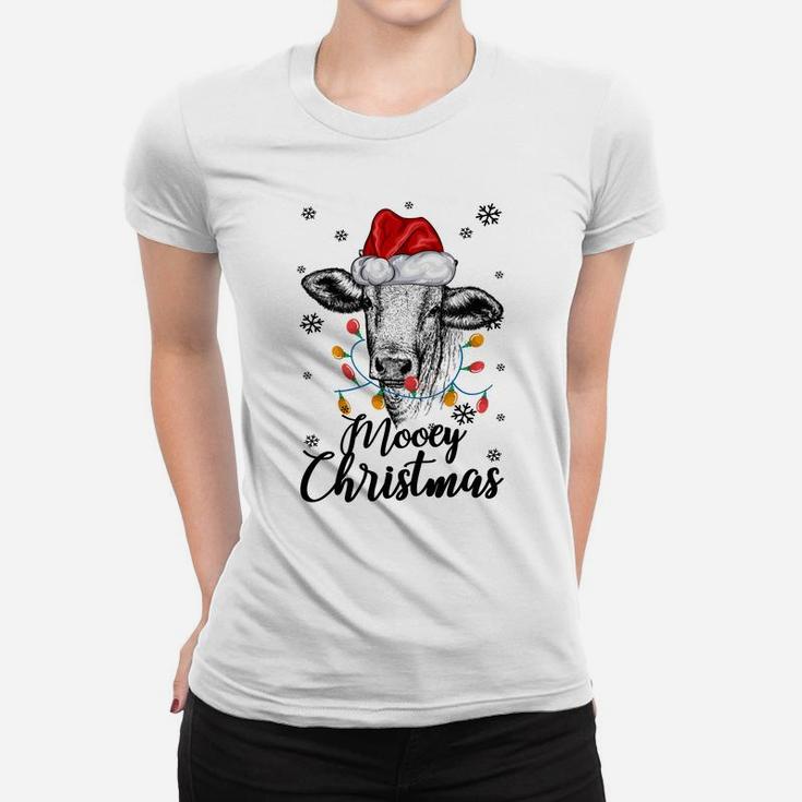 Funny Cow With Santa Hat Mooey Christmas Lights Gift Heifers Sweatshirt Women T-shirt