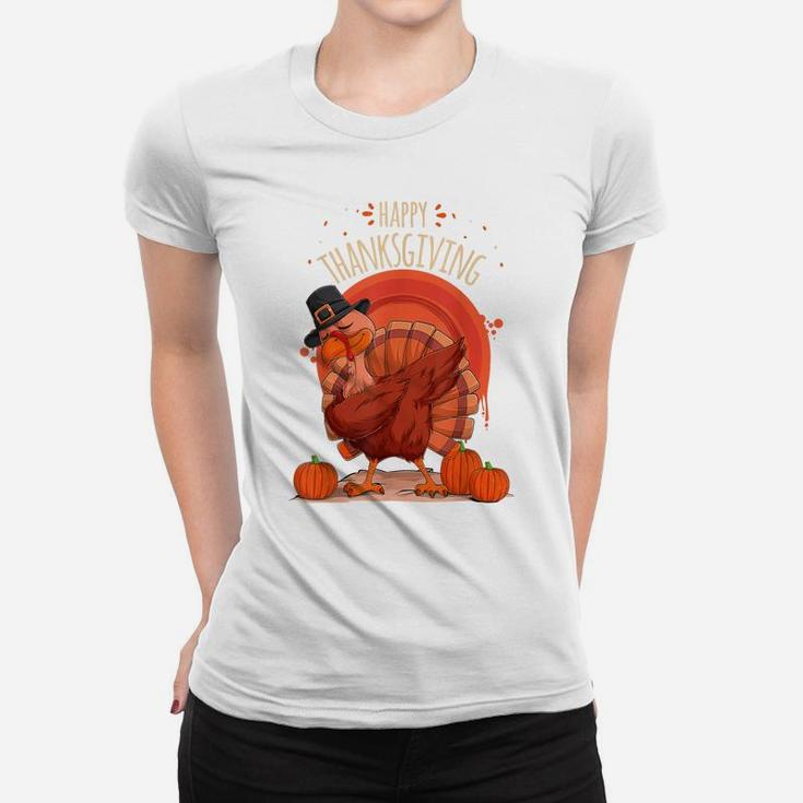 Funny Cute Turkey Doing Dabbing Dance For Thanksgiving Day Women T-shirt