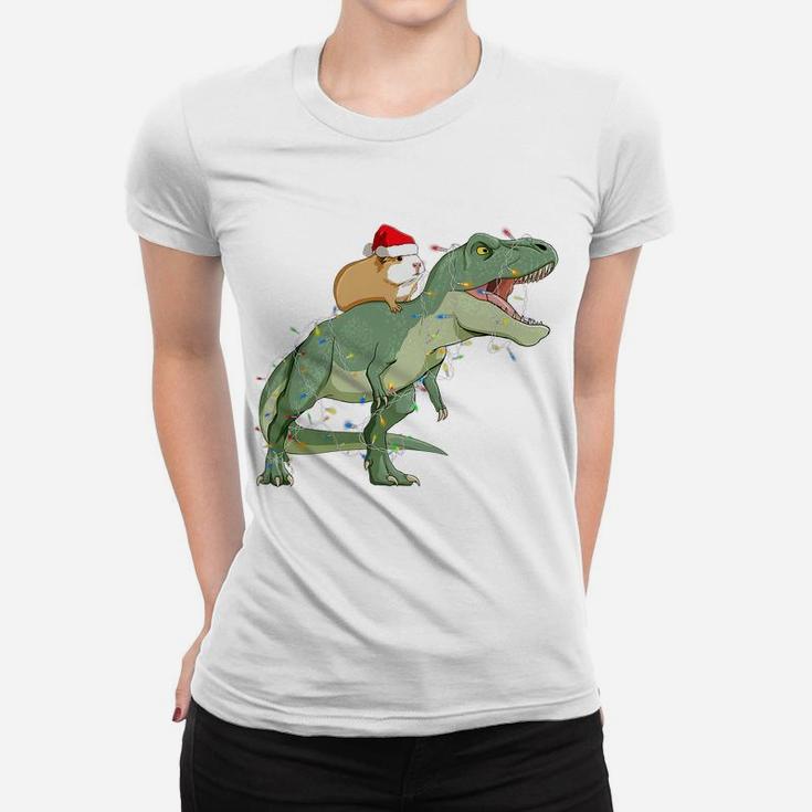 Funny Guinea Pig Riding Christmas Light T Rex Dinosaur Women T-shirt