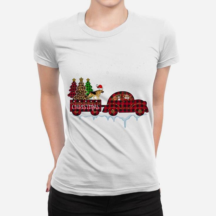 German Shepherd Dog Christmas Red Plaid Truck Xmas Tree Gift Sweatshirt Women T-shirt