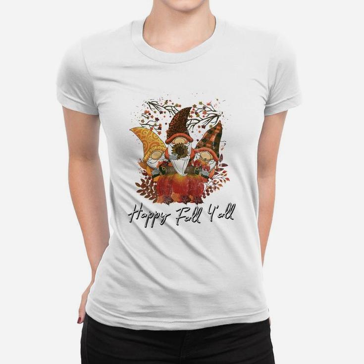 Happy Fall Y'all Women's Shirt Garden Gnome Leopard Pumpkin Women T-shirt