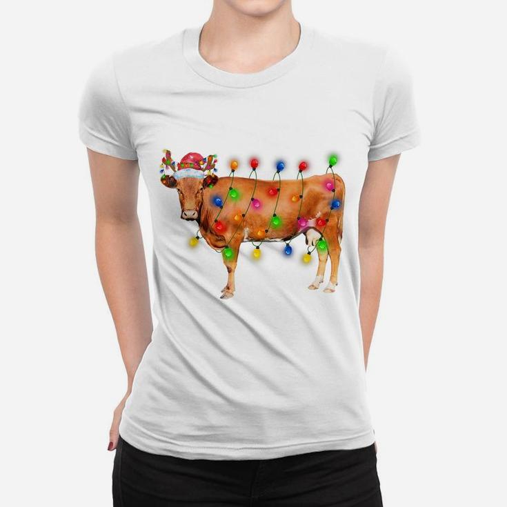 Heifer Cow Christmas Lights Funny Santa Hat Merry Christmas Women T-shirt
