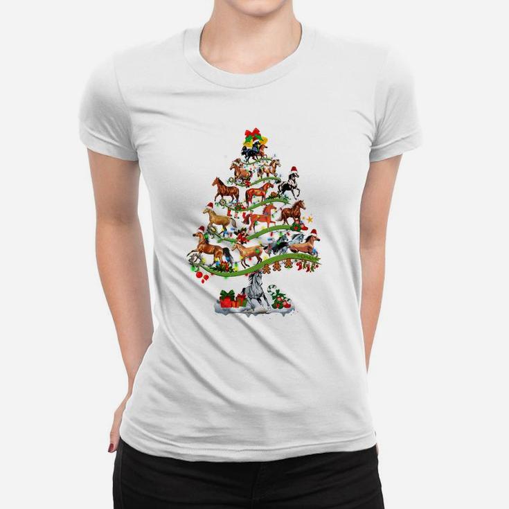 Horse Tree Christmas Candy Cane Gift Ornament Women T-shirt